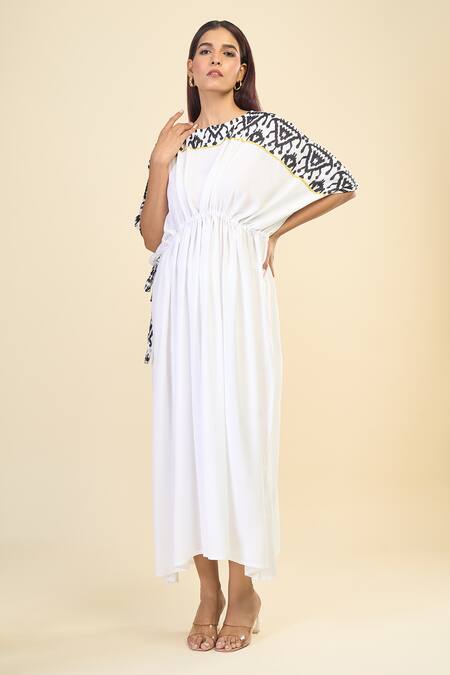 Samyukta Singhania White 100% Natural Viscose Rayon Printed Ikat Boat Serene Kaftan Dress  4