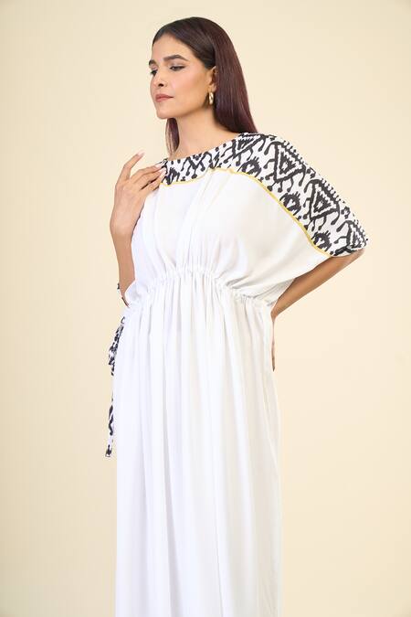 Samyukta Singhania White 100% Natural Viscose Rayon Printed Ikat Boat Serene Kaftan Dress  6