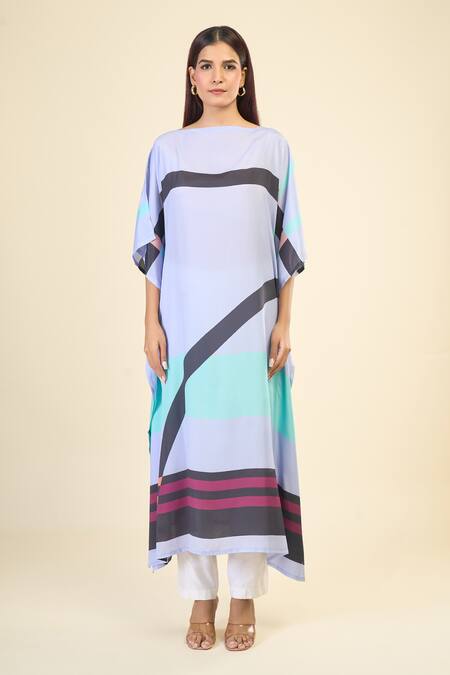 Naintara Bajaj_Sky Blue Silk, Crepe Boat Neck Ocean Breeze Kaftan _Online_at_Aza_Fashions