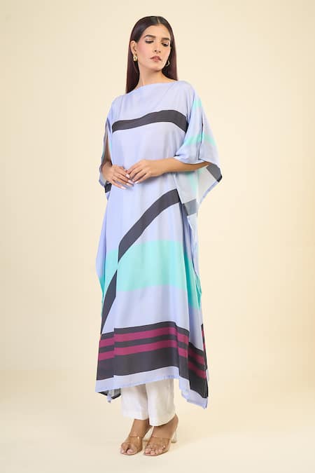 Shop_Naintara Bajaj_Sky Blue Silk, Crepe Boat Neck Ocean Breeze Kaftan _Online_at_Aza_Fashions