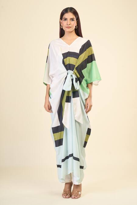 Naintara Bajaj Green Silk, Crepe V-neck Linear Print Belted Kaftan Dress Online at Aza Fashions Naintara Bajaj_Green Silk, Crepe V-neck Linear Print Belted Kaftan Dress _Online_at_Aza_Fashions