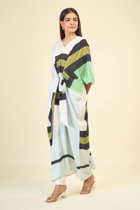 Buy Naintara Bajaj Green Silk, Crepe V-neck Linear Print Belted Kaftan Dress Online at Aza Fashions Buy_Naintara Bajaj_Green Silk, Crepe V-neck Linear Print Belted Kaftan Dress _Online_at_Aza_Fashions