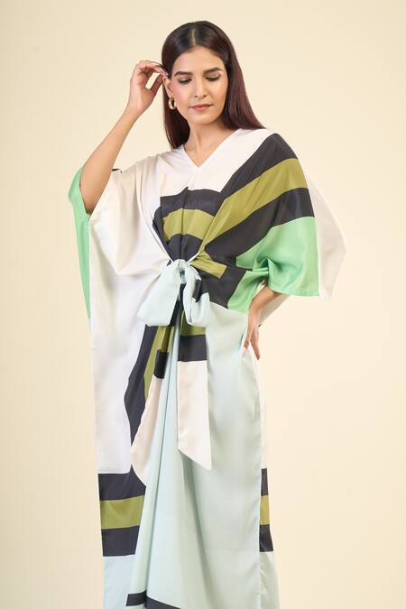 Shop Naintara Bajaj Green Silk, Crepe V-neck Linear Print Belted Kaftan Dress Online at Aza Fashions Shop_Naintara Bajaj_Green Silk, Crepe V-neck Linear Print Belted Kaftan Dress _Online_at_Aza_Fashions