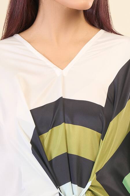 Naintara Bajaj Green Silk, Crepe V-neck Linear Print Belted Kaftan Dress at Aza Fashions Naintara Bajaj_Green Silk, Crepe V-neck Linear Print Belted Kaftan Dress _at_Aza_Fashions