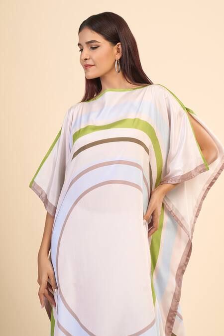 Shop_Naintara Bajaj_White Silk, Crepe Boat Neck Snowball Kaftan Dress _Online_at_Aza_Fashions
