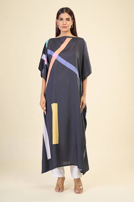 Naintara Bajaj_Black Silk, Crepe Boat Neck Electric Kaftan Dress _Online_at_Aza_Fashions