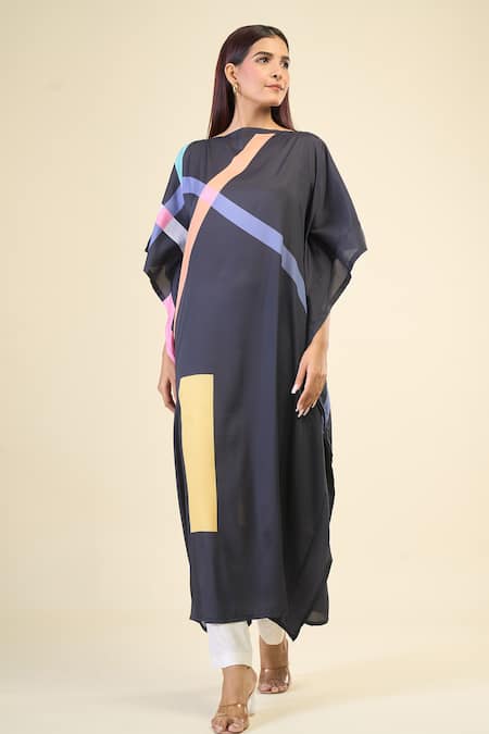 Buy_Naintara Bajaj_Black Silk, Crepe Boat Neck Electric Kaftan Dress _Online_at_Aza_Fashions