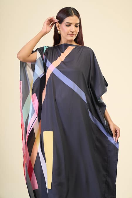 Shop_Naintara Bajaj_Black Silk, Crepe Boat Neck Electric Kaftan Dress _Online_at_Aza_Fashions
