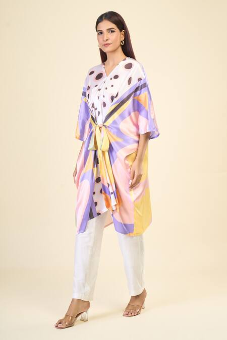 Naintara Bajaj_Multi Color Silk, Satin V-neck Butterfly Belted Kaftan Dress _Online_at_Aza_Fashions