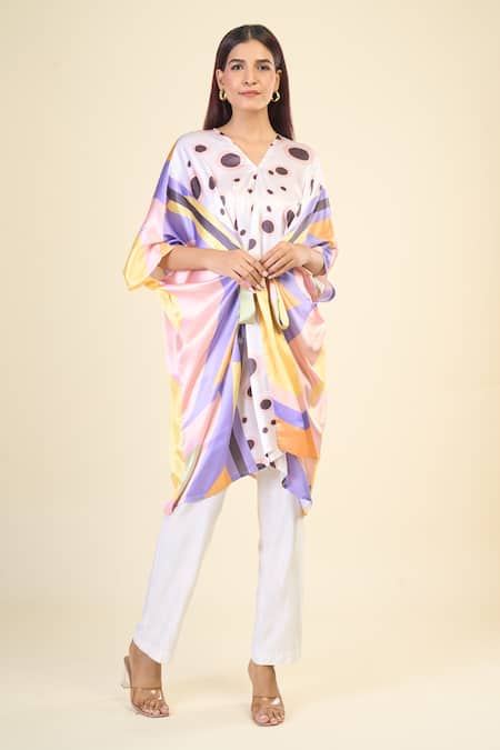 Buy_Naintara Bajaj_Multi Color Silk, Satin V-neck Butterfly Belted Kaftan Dress _Online_at_Aza_Fashions