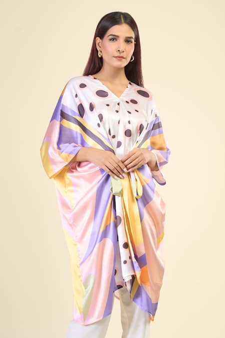Shop_Naintara Bajaj_Multi Color Silk, Satin V-neck Butterfly Belted Kaftan Dress _Online_at_Aza_Fashions