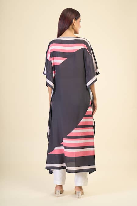 Shop Naintara Bajaj Black Silk, Crepe Boat Neck Placement Stripe Print Kaftan Dress at Aza Fashions Shop_Naintara Bajaj_Black Silk, Crepe Boat Neck Placement Stripe Print Kaftan Dress _at_Aza_Fashions