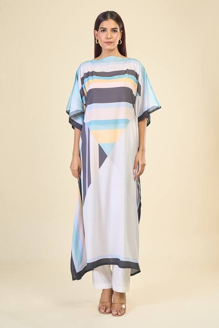 Naintara Bajaj Blue Silk, Crepe Boat Neck Stripe Pattern Print Slit Sleeve Kaftan Online at Aza Fashions Naintara Bajaj_Blue Silk, Crepe Boat Neck Stripe Pattern Print Slit Sleeve Kaftan _Online_at_Aza_Fashions