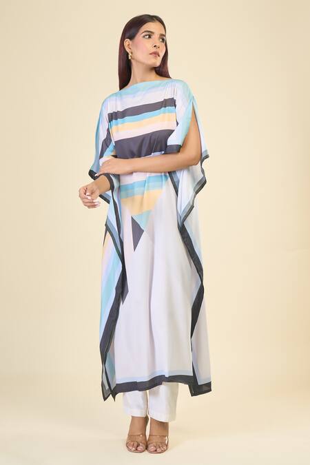 Buy Naintara Bajaj Blue Silk, Crepe Boat Neck Stripe Pattern Print Slit Sleeve Kaftan Online at Aza Fashions Buy_Naintara Bajaj_Blue Silk, Crepe Boat Neck Stripe Pattern Print Slit Sleeve Kaftan _Online_at_Aza_Fashions