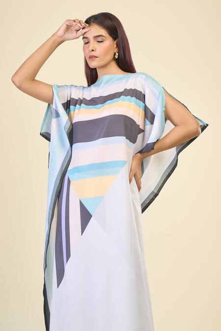 Shop Naintara Bajaj Blue Silk, Crepe Boat Neck Stripe Pattern Print Slit Sleeve Kaftan Online at Aza Fashions Shop_Naintara Bajaj_Blue Silk, Crepe Boat Neck Stripe Pattern Print Slit Sleeve Kaftan _Online_at_Aza_Fashions