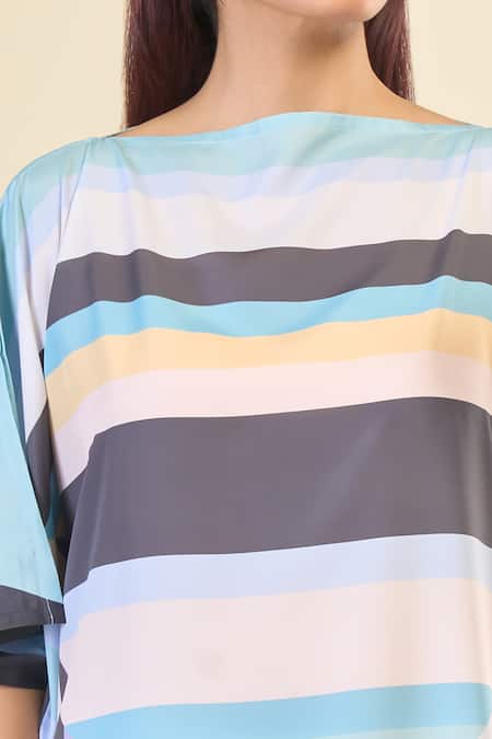 Naintara Bajaj Blue Silk, Crepe Boat Neck Stripe Pattern Print Slit Sleeve Kaftan at Aza Fashions Naintara Bajaj_Blue Silk, Crepe Boat Neck Stripe Pattern Print Slit Sleeve Kaftan _at_Aza_Fashions