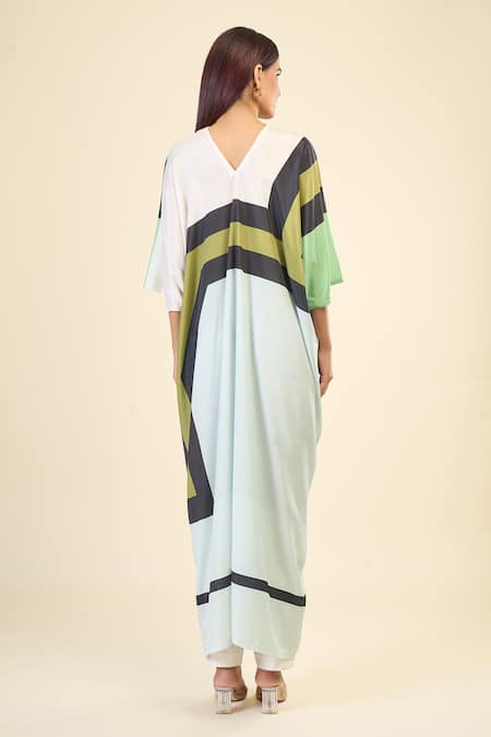 Shop Naintara Bajaj Green Silk, Crepe V-neck Linear Print Belted Kaftan Dress at Aza Fashions Shop_Naintara Bajaj_Green Silk, Crepe V-neck Linear Print Belted Kaftan Dress _at_Aza_Fashions