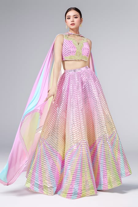 Amit Aggarwal Pink Net Sequins, Embroidery Split V-neck Soft Metallic Embellished Lehenga Set