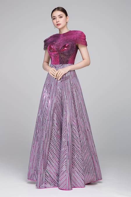 Amit Aggarwal Purple Embellished Metallic Closed Neck Skirt And Structured Bodysuit Set 