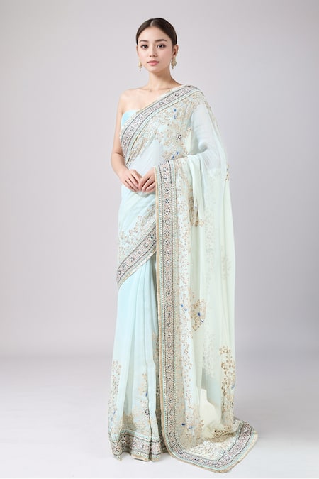 Anamika Khanna Blue Chanderi Embroidered Floral Saree With Unstitched Blouse Piece 