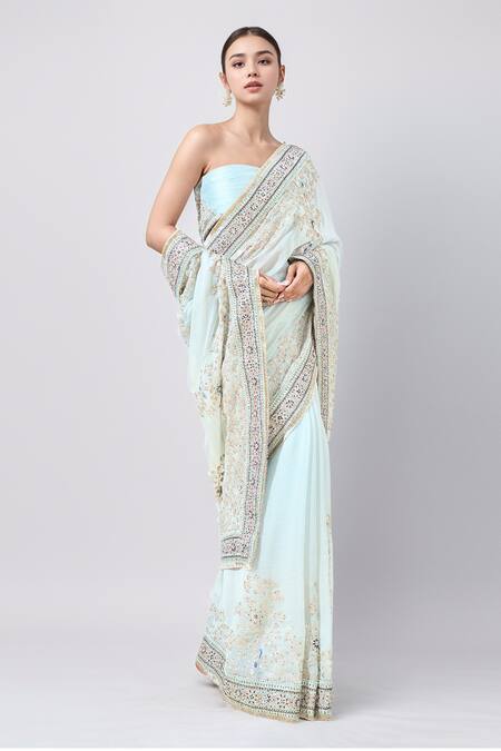 Shop Anamika Khanna Blue Chanderi Embroidery, Sequins, Floral Saree With Unstitched Blouse Piece Online at Aza Fashions Shop_Anamika Khanna_Blue Chanderi Embroidery, Sequins, Floral Saree With Unstitched Blouse Piece _Online_at_Aza_Fashions