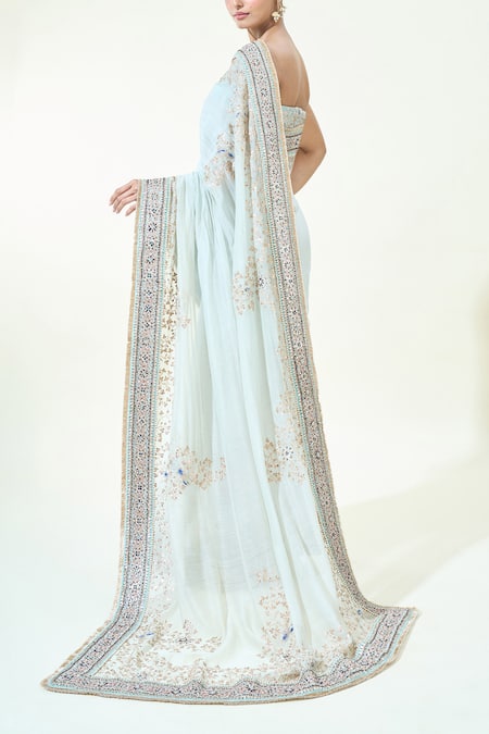 Shop Anamika Khanna Blue Chanderi Embroidery, Sequins, Floral Saree With Unstitched Blouse Piece at Aza Fashions Shop_Anamika Khanna_Blue Chanderi Embroidery, Sequins, Floral Saree With Unstitched Blouse Piece _at_Aza_Fashions