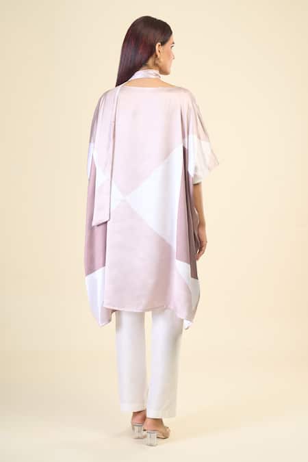 Shop_Naintara Bajaj_Beige Silk, Satin Boat Neck Vintage Abstract Print Kaftan _at_Aza_Fashions