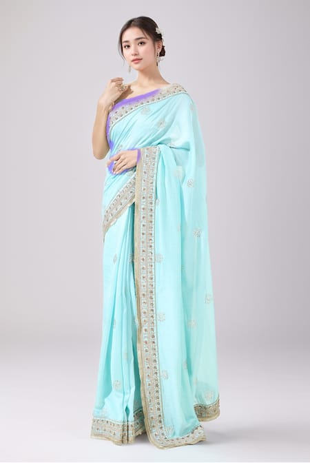 Anamika Khanna Blue Embroidered Floral Mukaish Saree With Unstitched Blouse Piece 