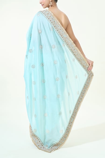 Shop_Anamika Khanna_Blue Sequins Mukaish Embroidered Saree With Unstitched Blouse Piece _at_Aza_Fashions