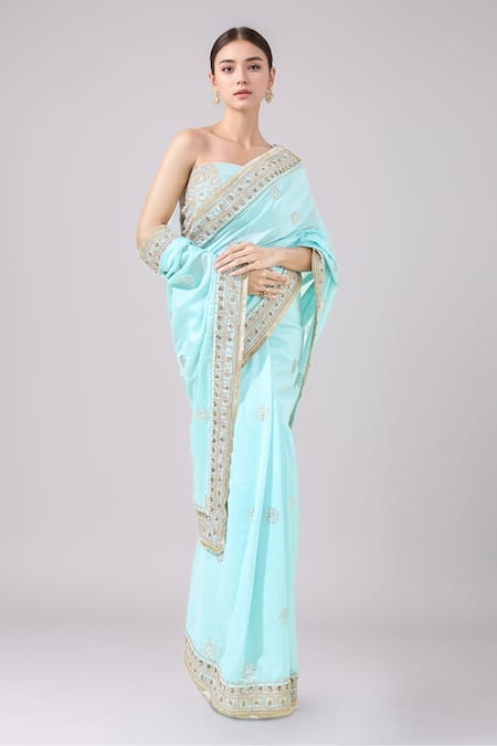 Anamika Khanna_Blue Sequins Mukaish Embroidered Saree With Unstitched Blouse Piece _Online_at_Aza_Fashions