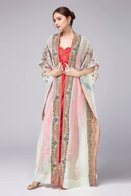 Anamika Khanna_Ivory Silk, Organza Embroidery, Sequins Cape And Draped Dress Set_Online_at_Aza_Fashions