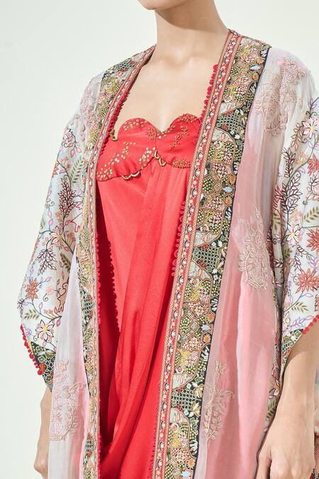 Shop_Anamika Khanna_Ivory Silk, Organza Embroidery, Sequins Cape And Draped Dress Set_Online_at_Aza_Fashions