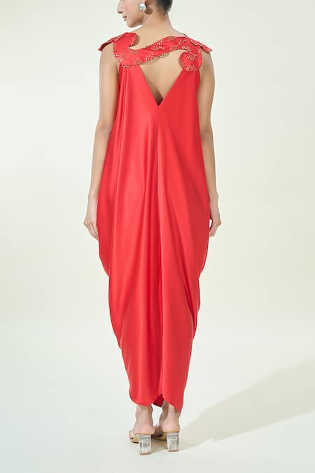 Buy_Anamika Khanna_Ivory Silk, Organza Embroidery, Sequins Cape And Draped Dress Set_Online_at_Aza_Fashions