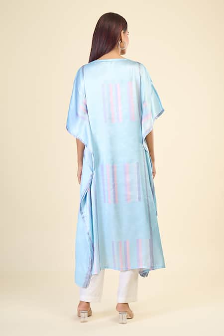 Shop Naintara Bajaj Blue Silk, Crepe Boat Neck Wildflower Stripe Print Kaftan at Aza Fashions Shop_Naintara Bajaj_Blue Silk, Crepe Boat Neck Wildflower Stripe Print Kaftan _at_Aza_Fashions