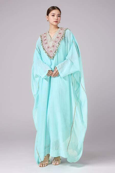 Anamika Khanna Blue Net Embroidery, Sequins V-neck Embellished Yoke Kaftan Online at Aza Fashions Anamika Khanna_Blue Net Embroidery, Sequins V-neck Embellished Yoke Kaftan_Online_at_Aza_Fashions