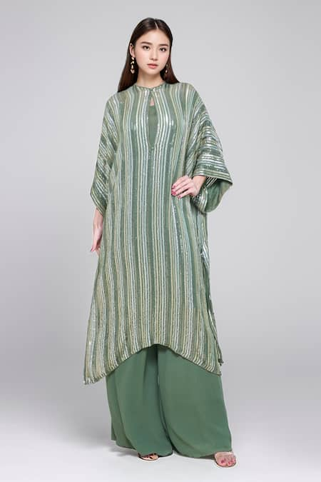 Nakul Sen Green 100% Silk Chiffon Embroidered Sequins Kaftan Round Striped Palazzo Set 