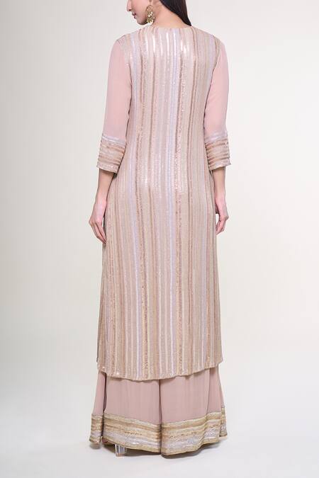Shop Nakul Sen Beige Silk, Chiffon Sequins, Embroidery Round Neck, Kurta Farshi Palazzo Set at Aza Fashions Shop_Nakul Sen_Beige Silk, Chiffon Sequins, Embroidery Round Neck, Kurta Farshi Palazzo Set_at_Aza_Fashions