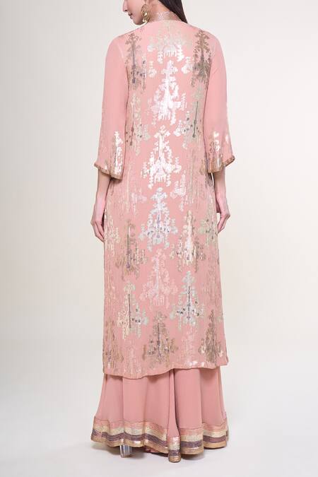 Shop Nakul Sen Pink Silk, Chiffon Sequins, Embroidery Embellished Kurta Farshi Palazzo Set at Aza Fashions Shop_Nakul Sen_Pink Silk, Chiffon Sequins, Embroidery Embellished Kurta Farshi Palazzo Set_at_Aza_Fashions
