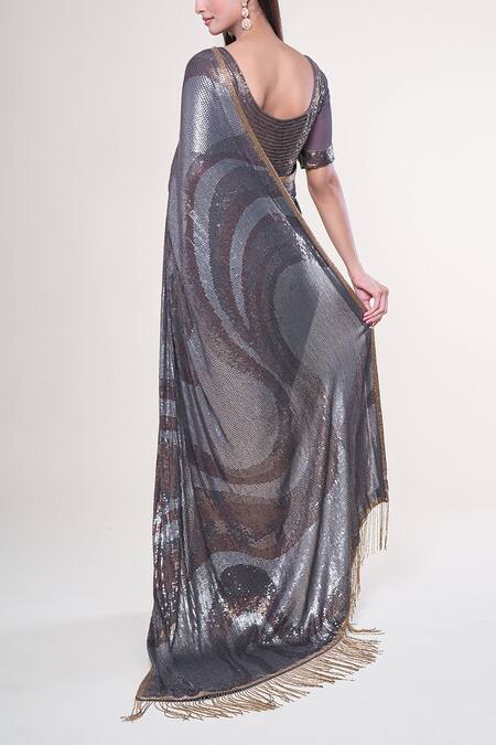 Shop_Nakul Sen_Grey Silk, Chiffon Sequins Scoop Neck Saree With Blouse_at_Aza_Fashions