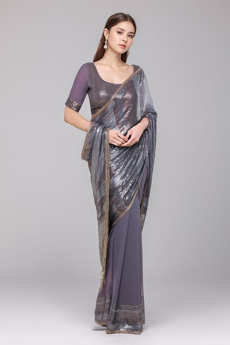 Nakul Sen_Grey Silk, Chiffon Sequins Scoop Neck Saree With Blouse_Online_at_Aza_Fashions