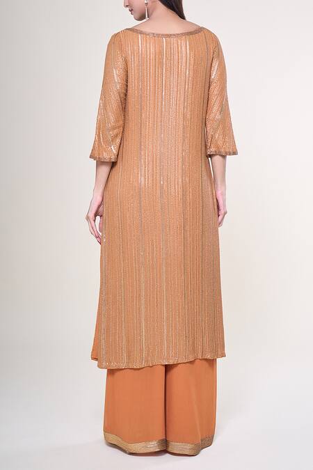 Shop Nakul Sen Orange Silk, Chiffon Beads, Sequins Boat Embroidered Kurta Farshi Palazzo Set at Aza Fashions Shop_Nakul Sen_Orange Silk, Chiffon Beads, Sequins Boat Embroidered Kurta Farshi Palazzo Set_at_Aza_Fashions