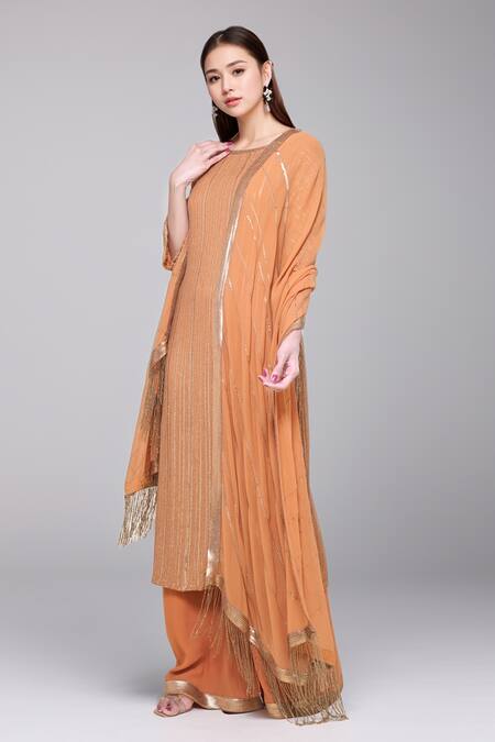 Nakul Sen Orange Silk, Chiffon Beads, Sequins Boat Embroidered Kurta Farshi Palazzo Set Online at Aza Fashions Nakul Sen_Orange Silk, Chiffon Beads, Sequins Boat Embroidered Kurta Farshi Palazzo Set_Online_at_Aza_Fashions