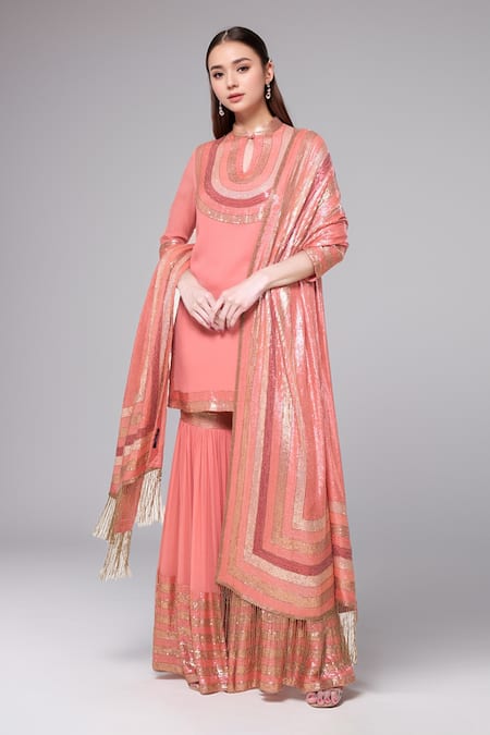 Nakul Sen Coral 100% Silk Chiffon Embroidered Sequins Mandarin Short Kurta Gharara Set 