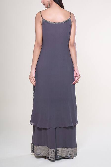Buy_Nakul Sen_Grey Silk, Chiffon Sequins Keyhole Neck, Embroidered Jacket Farshi Palazzo Set_Online_at_Aza_Fashions