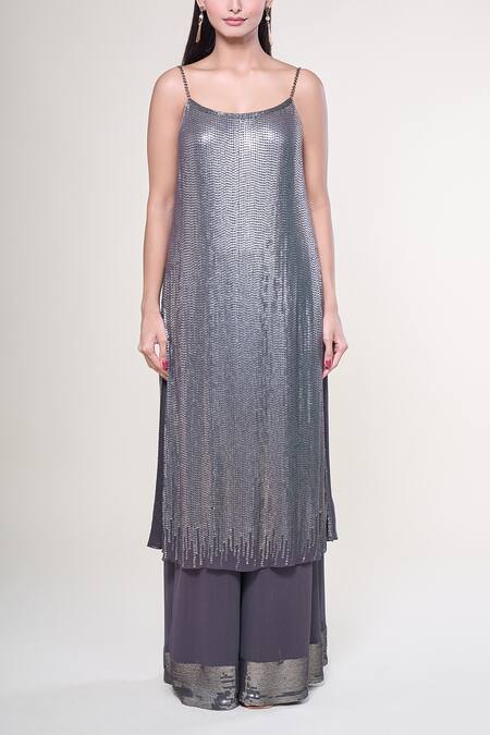 Nakul Sen_Grey Silk, Chiffon Sequins Keyhole Neck, Embroidered Jacket Farshi Palazzo Set_Online_at_Aza_Fashions