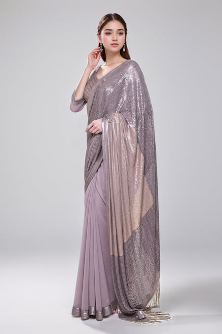 Nakul Sen Grey 100% Silk Chiffon Embroidered Sequins V Neck Saree With Blouse 