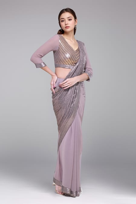 Nakul Sen_Grey Silk Sequins V-neck Embroidered Saree With Blouse _Online_at_Aza_Fashions