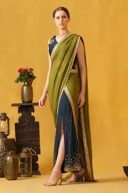 ABSTRACT BY MEGHA JAIN MADAAN Blue Flat Chiffon Stripes Embellished Border Pre-draped Skirt Saree With Blouse 