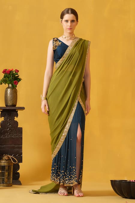 Abstract By Megha Jain Madaan_Blue Silk, Cotton Border Embellished Pre-draped Skirt Saree With Blouse _Online_at_Aza_Fashions