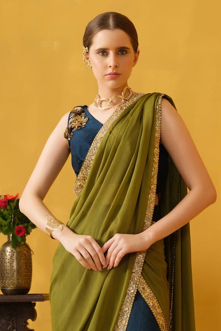 Buy_Abstract By Megha Jain Madaan_Blue Silk, Cotton Border Embellished Pre-draped Skirt Saree With Blouse _Online_at_Aza_Fashions
